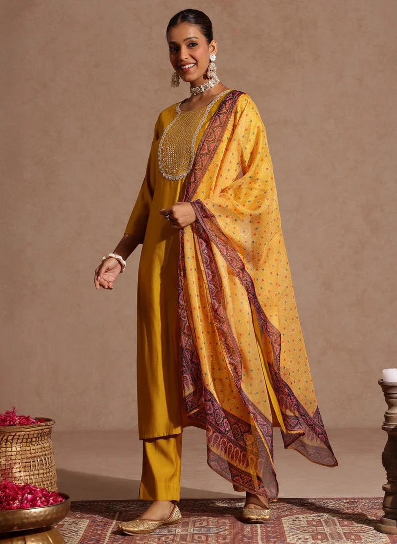 ZERESOUQ Yellow Chanderi Yoke Embroidered 3-Piece Kurta Set